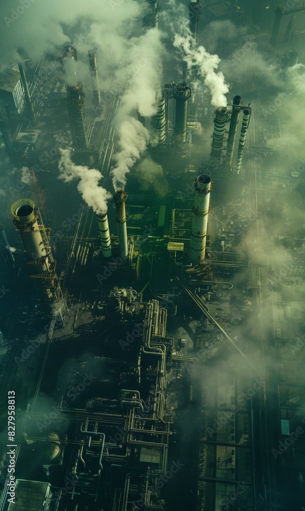 aerial view of heavy industry factory with smokestacks, chimneys and pipe, air and environment pollution, smoke stack and smog over industrial chemical plant