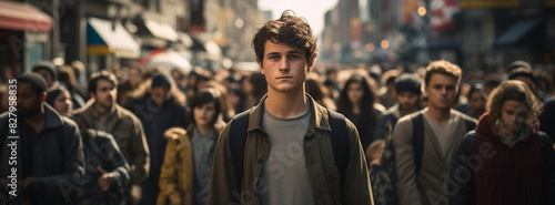 Lonely young man walks down the street among a crowd of people