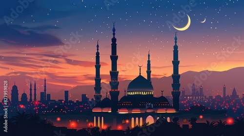 Vector Ramadan Mubarak, The Arab mosque in the evening lights Eid aladha The Feast of Sacrifice