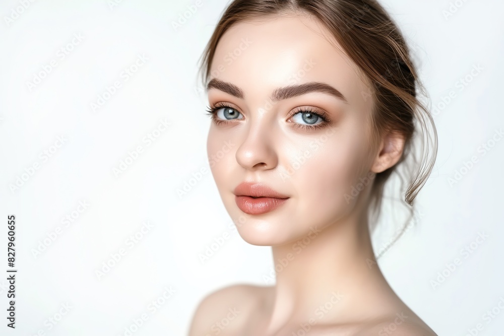 close up face portrait of young pretty Caucasian woman with bright flawless skin, beauty cosmetic or skincare fashion portrait with copy space isolated on white background, close up face portrait of young pretty Caucasian woman with bright flawless skin, beauty cosmetic or skincare fashion portrait with copy space isolated on white background,