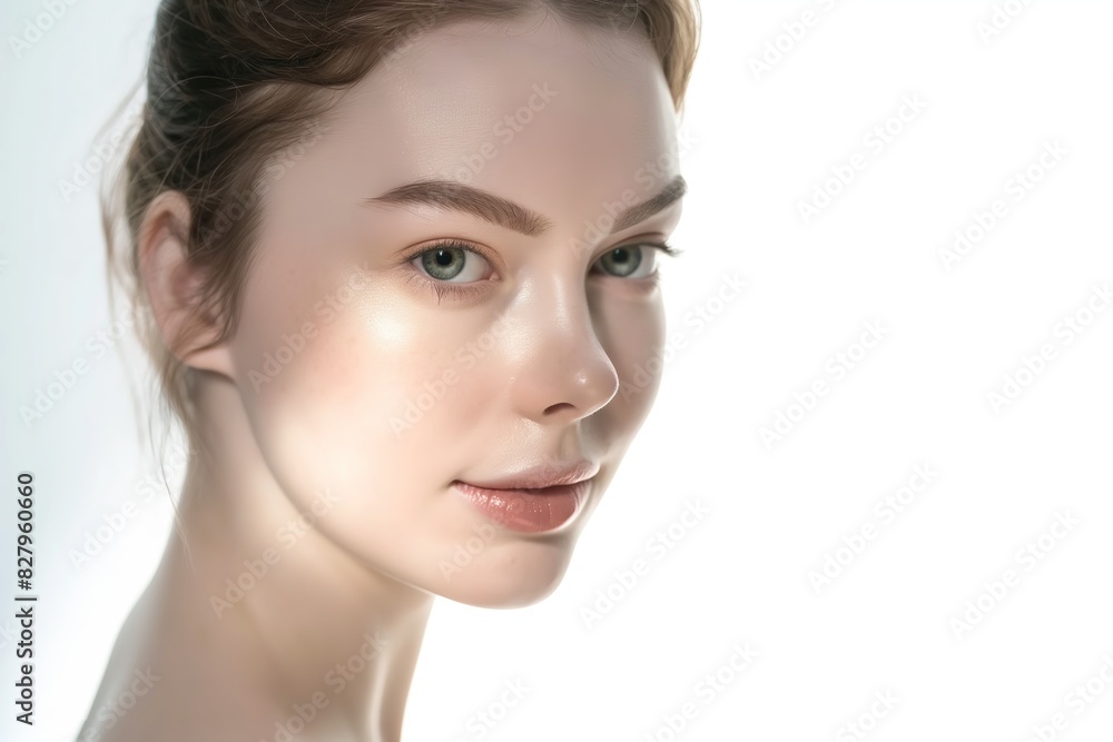 close up face portrait of young pretty Caucasian woman with bright flawless skin sunlight, light play, beauty cosmetic , skincare, sunscreen fashion portrait ,copy space isolated white background close up face portrait of young pretty Caucasian woman with bright flawless skin sunlight, light play, beauty cosmetic , skincare, sunscreen fashion portrait ,copy space isolated white background