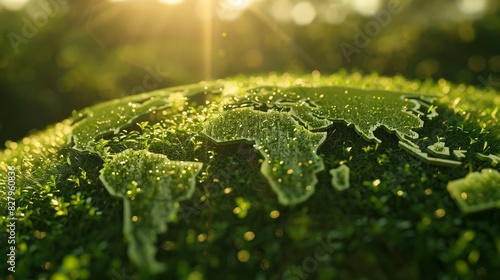 illustration of map of Earth in green grass, responsible consumption and resources sustainability, balance of ecology and harmony with environment concept