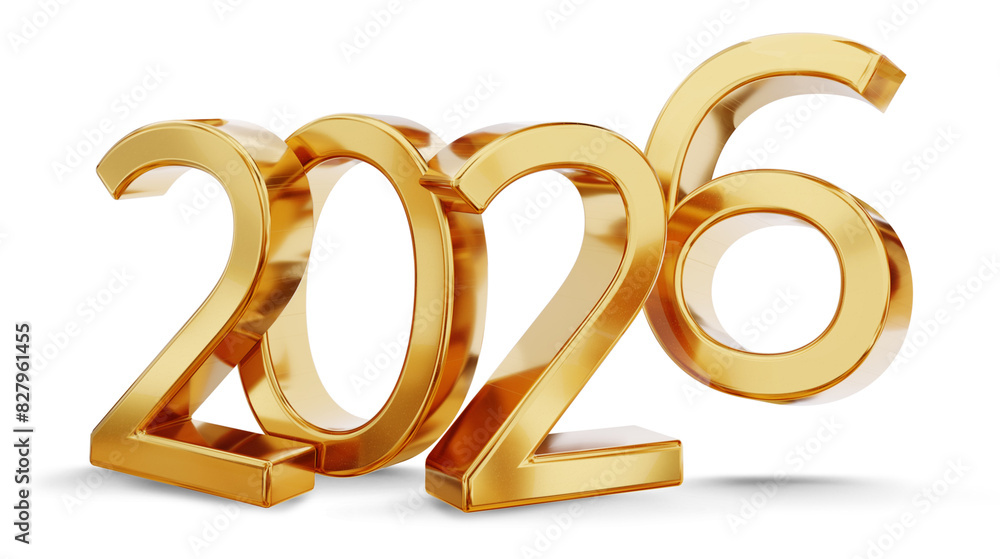 2026 golden symbol metallic glossy isolated, small groundshadows, 3d-illustration as new year symbol or luxury and better changes 2026 golden symbol metallic glossy isolated, small groundshadows, 3d-illustration as new year symbol or luxury and better changes