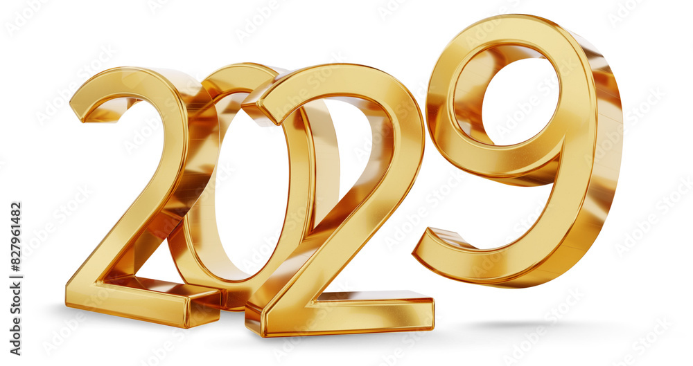 2029 golden symbol metallic glossy isolated, small groundshadows, 3d-illustration as new year symbol or luxury and better changes 2029 golden symbol metallic glossy isolated, small groundshadows, 3d-illustration as new year symbol or luxury and better changes
