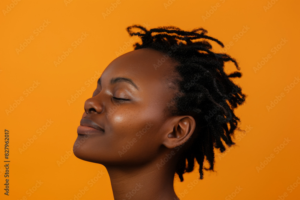 A close up of a black woman's face with her eyes closed looking to a side A close up of a black woman's face with her eyes closed looking to a side