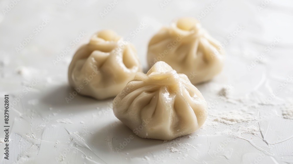 Raw dumplings khinkalis alone on white surface Raw dumplings khinkalis alone on white surface