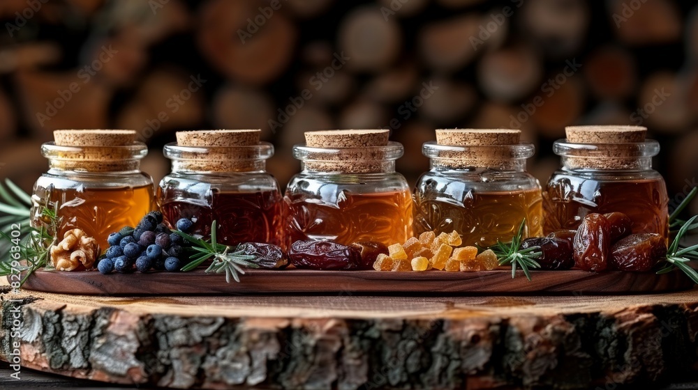 Artisanal honey jars with nuts and dried fruits on a rustic wooden background Artisanal honey jars with nuts and dried fruits on a rustic wooden background