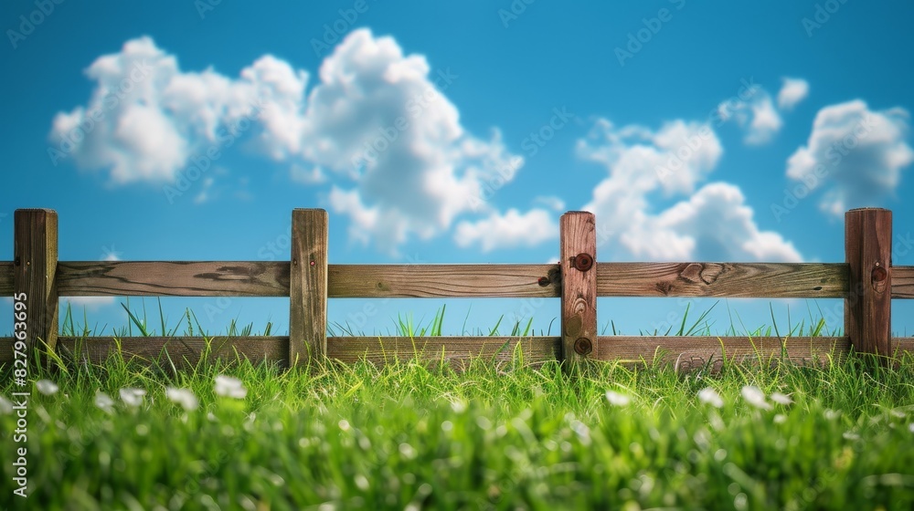 Lush green meadow with rustic wooden fence under blue sky Lush green meadow with rustic wooden fence under blue sky