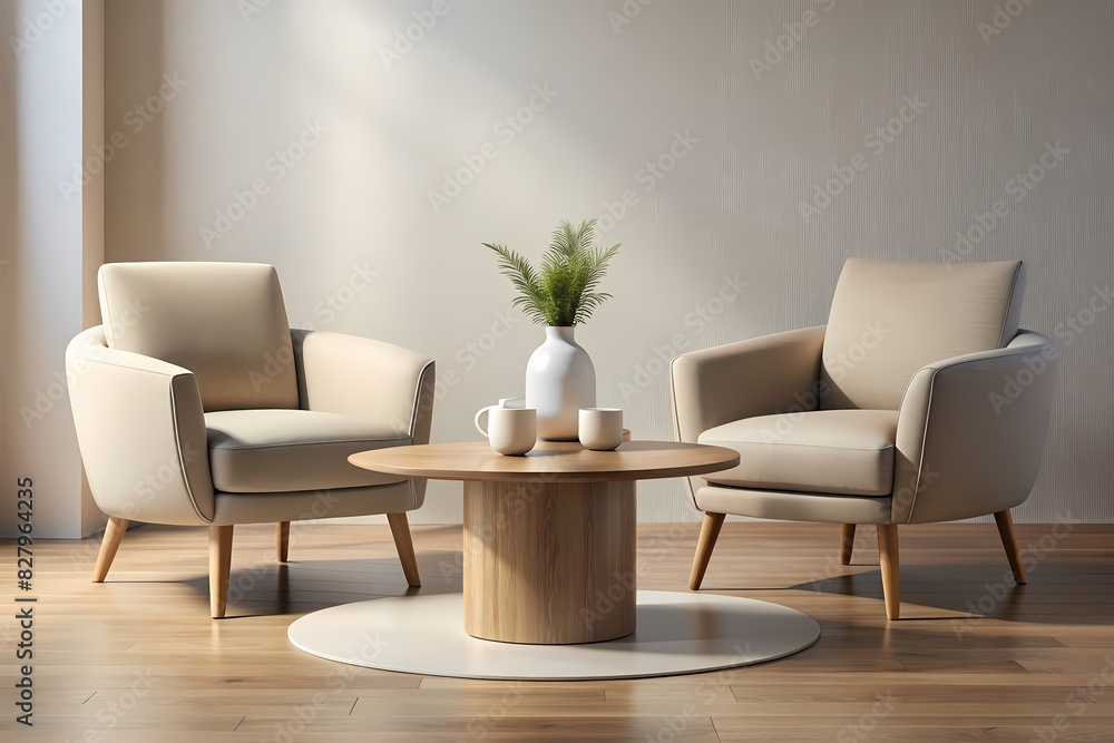 Modern minimalist armchairs and round coffee table set, generative ai Modern minimalist armchairs and round coffee table set, generative ai