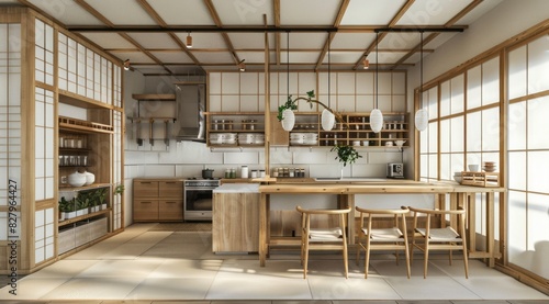 Ethnic kitchen design infused with Japanese minimalist elements  including bamboo details that bring a sense of nature indoors