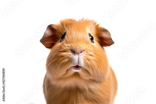 Cute guinea pig puppy looking at camera. Head close-up portrait of guinea pig. White Isolated background. Generative AI photo