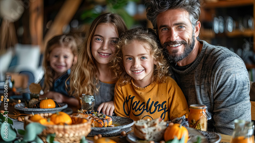 A man and three children are sitting at a table with a variety of food  including a pumpkin pie. Scene is warm and inviting  as the family is enjoying a meal together