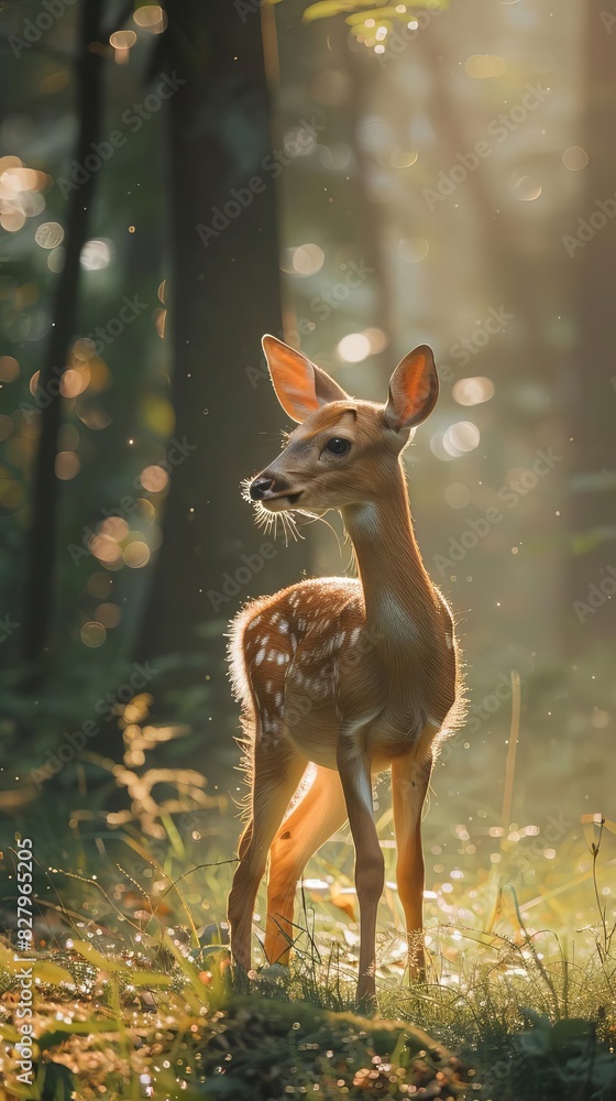 Graceful deer standing in a misty forest clearing at dawn, soft light illuminating its delicate features, serene and peaceful environment Graceful deer standing in a misty forest clearing at dawn, soft light illuminating its delicate features, serene and peaceful environment