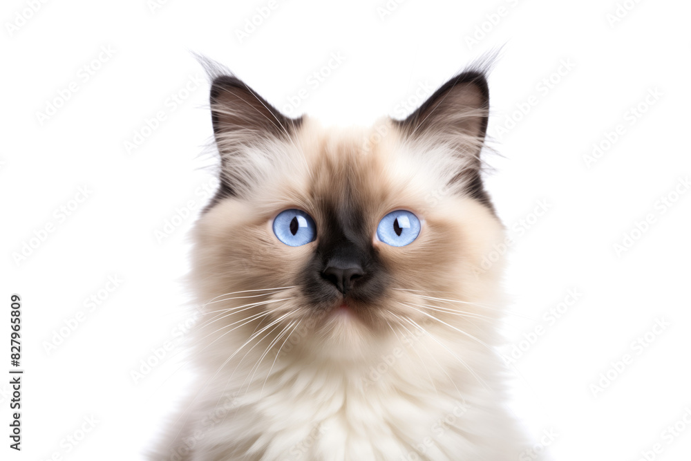 Cute birman kitty looking at camera. Head close-up portrait of birman cat. White Isolated background. Generative AI