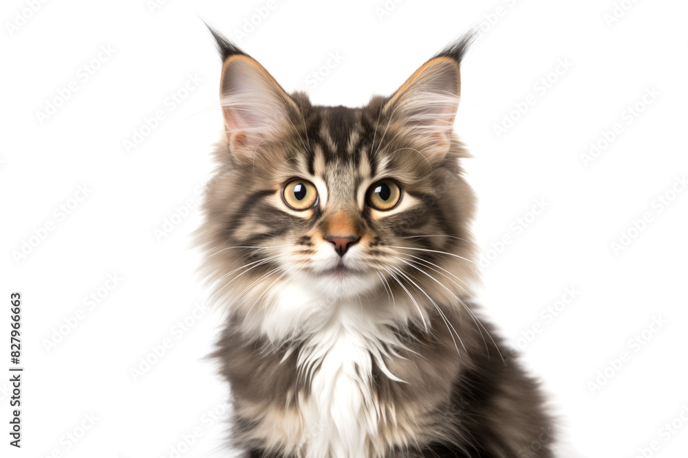 Cute norwegian forest kitty looking at camera. Head close-up portrait of norwegian forest cat. White Isolated background. Generative AI