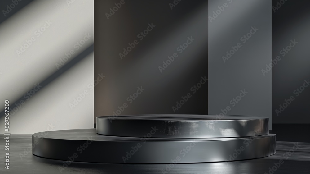 Brushed Aluminum Podium in Dark Gray Setting for Camera Gear Still Life Photography Brushed Aluminum Podium in Dark Gray Setting for Camera Gear Still Life Photography