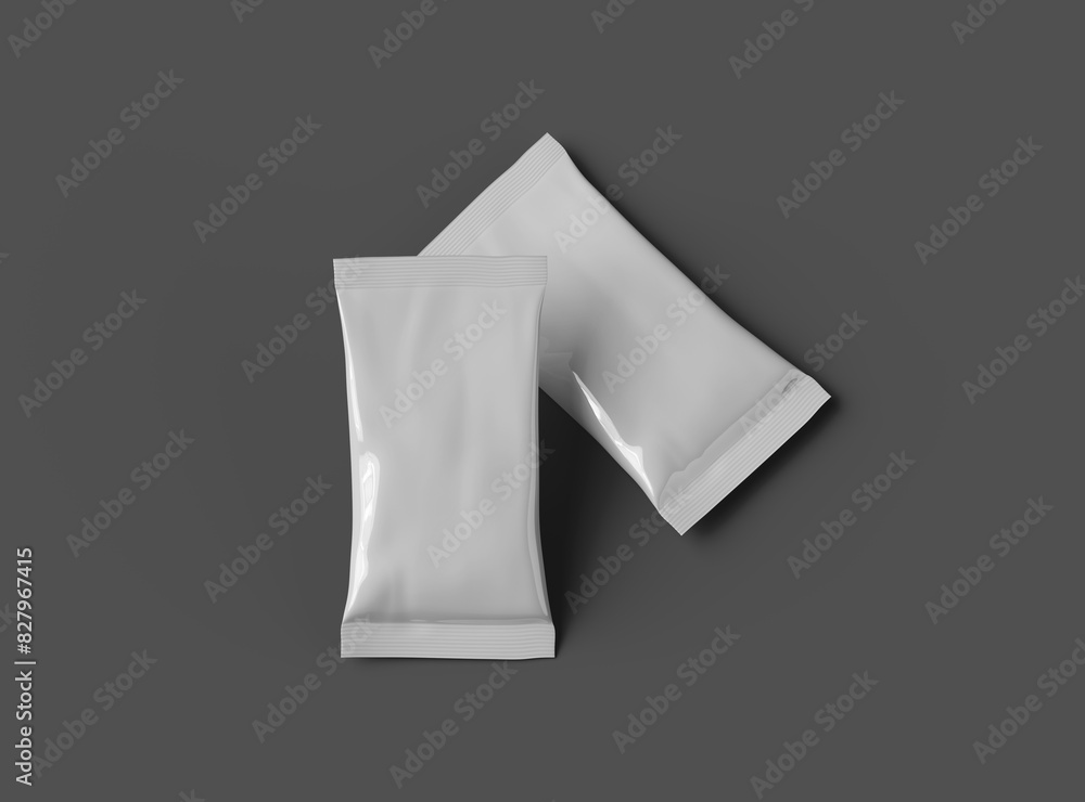 3D packaging render of pillow food snack bag isolated on a dark background. 3D packaging render of pillow food snack bag isolated on a dark background.