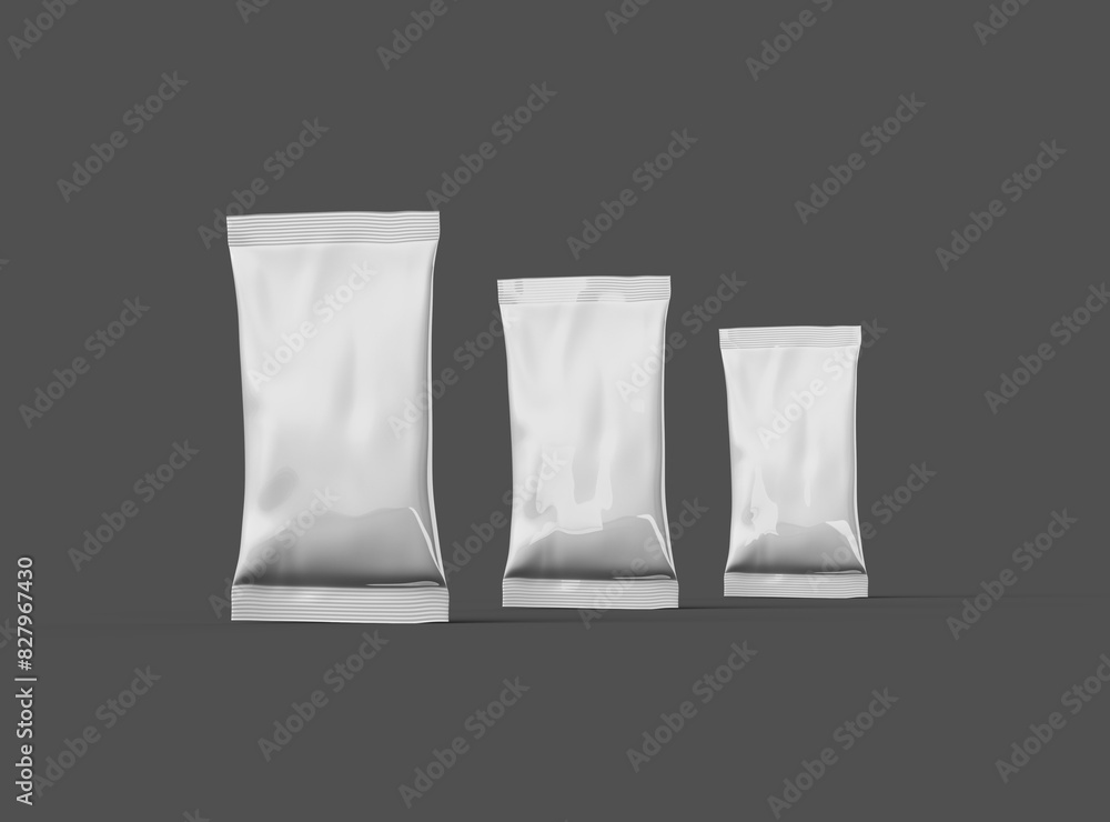 3D packaging render of pillow food snack bag isolated on a dark background. 3D packaging render of pillow food snack bag isolated on a dark background.