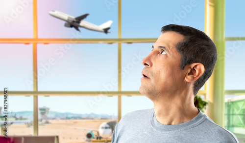 Portrait man with a fear to fly and looking with panic at a plane that is flying with copy space