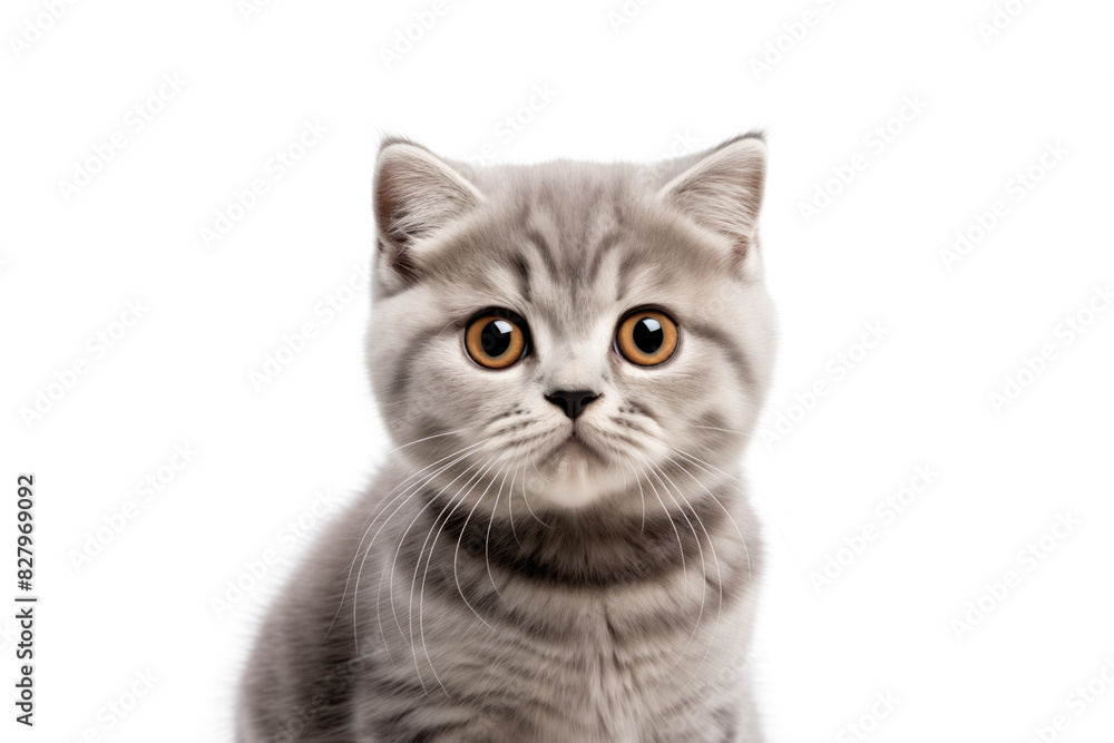 Cute american scottish fold kitty looking at camera. Head close-up portrait of american scottish fold cat. White Isolated background. Generative AI Cute american scottish fold kitty looking at camera. Head close-up portrait of american scottish fold cat. White Isolated background. Generative AI
