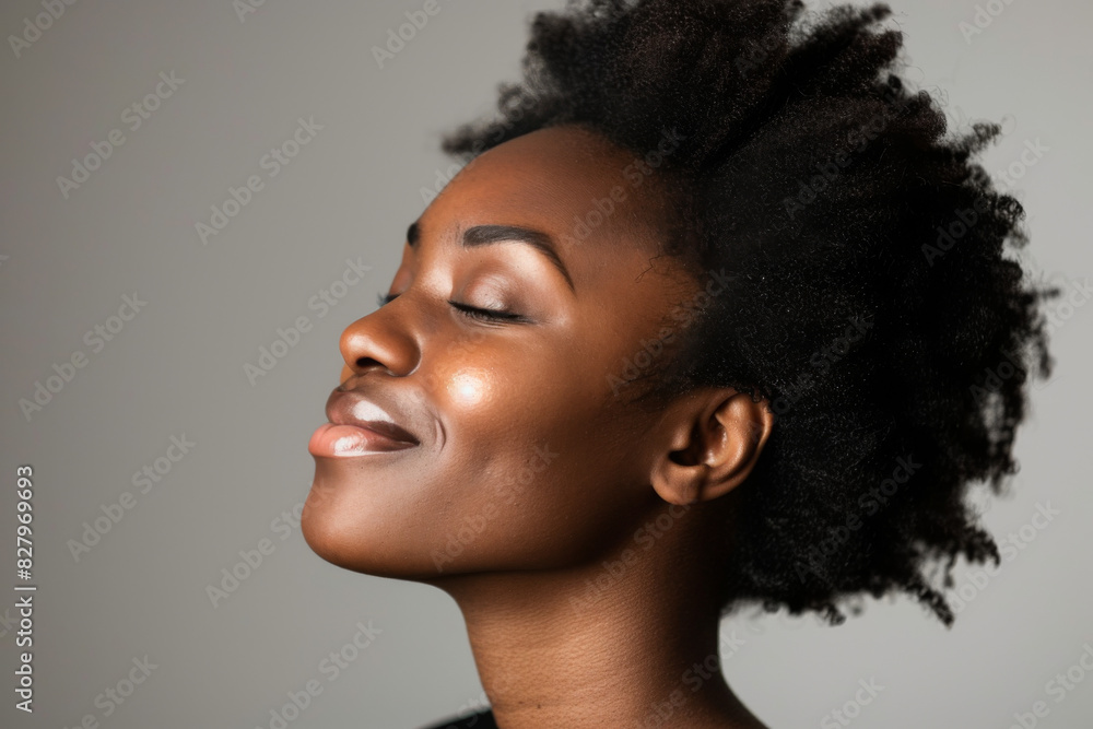 A close up of a black woman's face with her eyes closed looking to a side A close up of a black woman's face with her eyes closed looking to a side