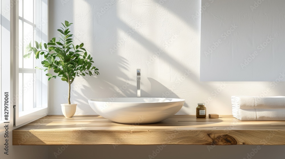 Minimalist Bathroom with Sink and Plant, Modern Interior Design and Natural Light Minimalist Bathroom with Sink and Plant, Modern Interior Design and Natural Light