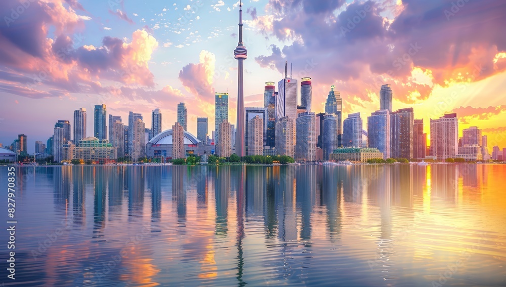 City Skyline with Modern Buildings Reflected in Water at Sunset