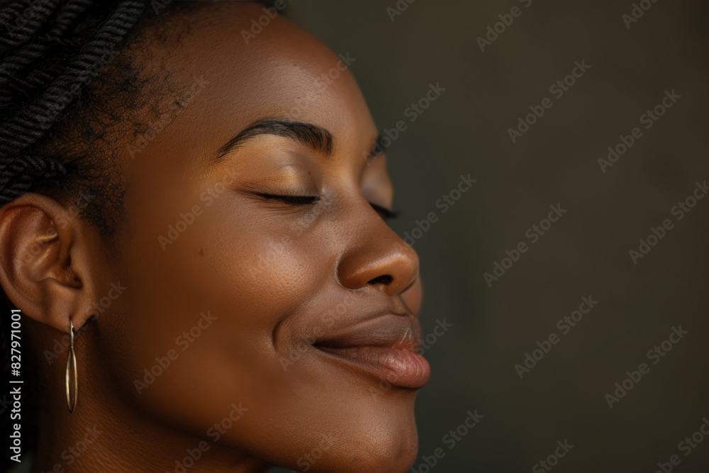 A close up of a black woman's face with her eyes closed looking to a side A close up of a black woman's face with her eyes closed looking to a side