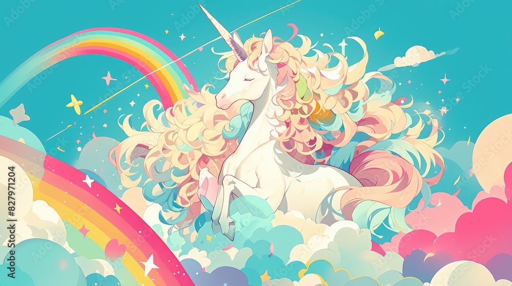 Fototapeta premium Illustration of a unicorn standing gracefully on a fluffy cloud surrounded by a vibrant rainbow and accompanied by a sweet melody symbol