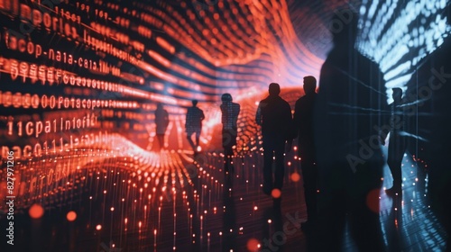 In a darkened room data visualizations show the correlation between immigration policies and cultural assimilation as researchers discuss their findings.