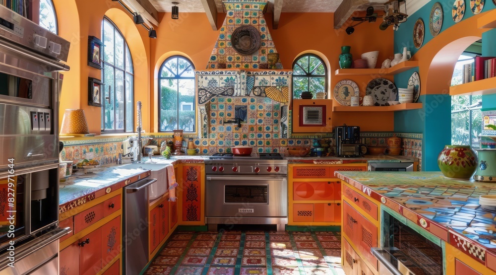 Ethnic kitchen interior with Scandinavian design, light wood finishes, and traditional textiles Ethnic kitchen interior with Scandinavian design, light wood finishes, and traditional textiles