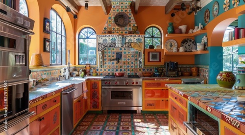 Ethnic kitchen interior with Scandinavian design, light wood finishes, and traditional textiles