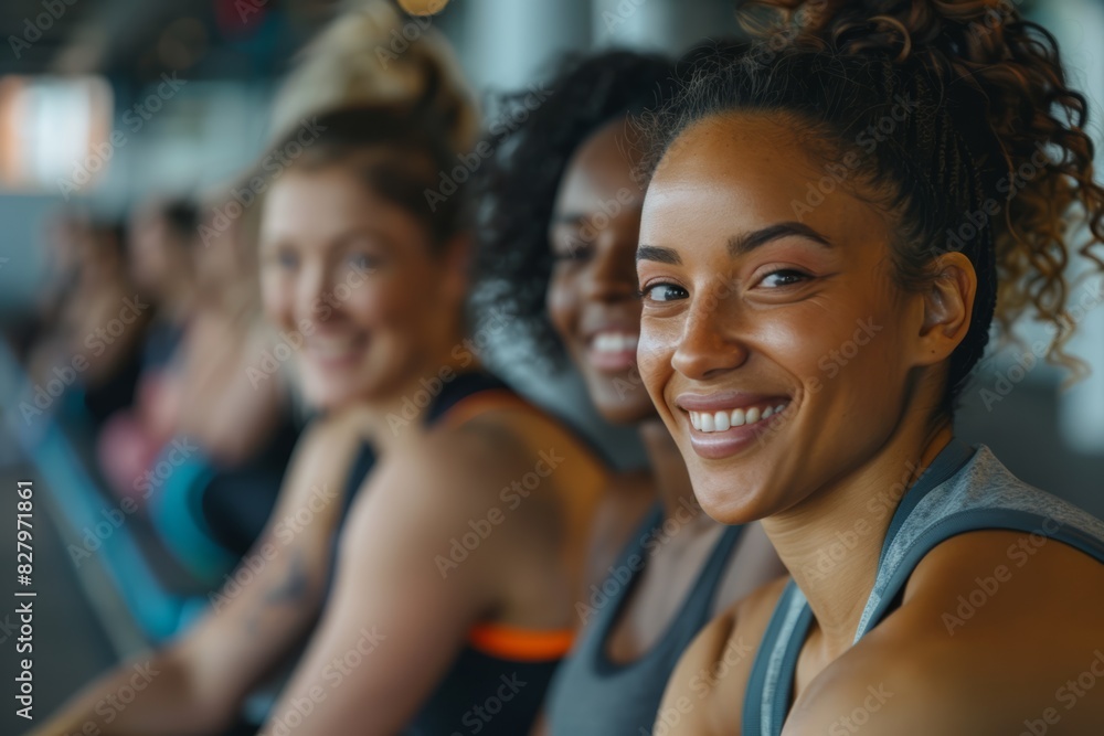 Happy Women in Fitness Group Smiling Close-Up, Active Lifestyle and Wellness, Indoor Training and Positivity Happy Women in Fitness Group Smiling Close-Up, Active Lifestyle and Wellness, Indoor Training and Positivity
