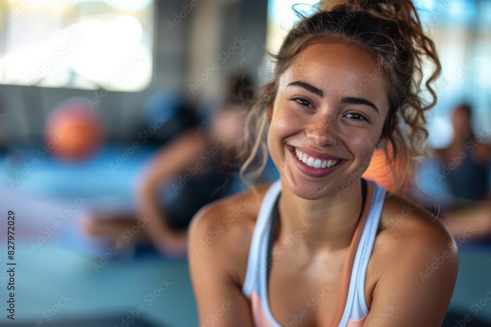 Happy Woman in Gym, Smiling During Workout, Healthy Lifestyle and Fitness Motivation Happy Woman in Gym, Smiling During Workout, Healthy Lifestyle and Fitness Motivation