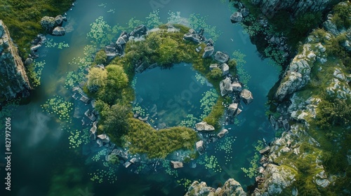 A breathtaking aerial view of a water body encircled by rocks, with green grass and trees creating a stunning natural landscape resembling a painting