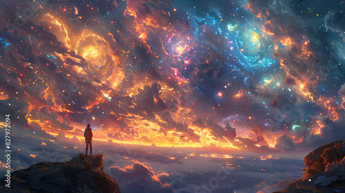 illustration of a cosmic traveler journeying through the depths of space encountering distant galaxies cosmic phenomena and celestial wonders beyond the bounds of imagination