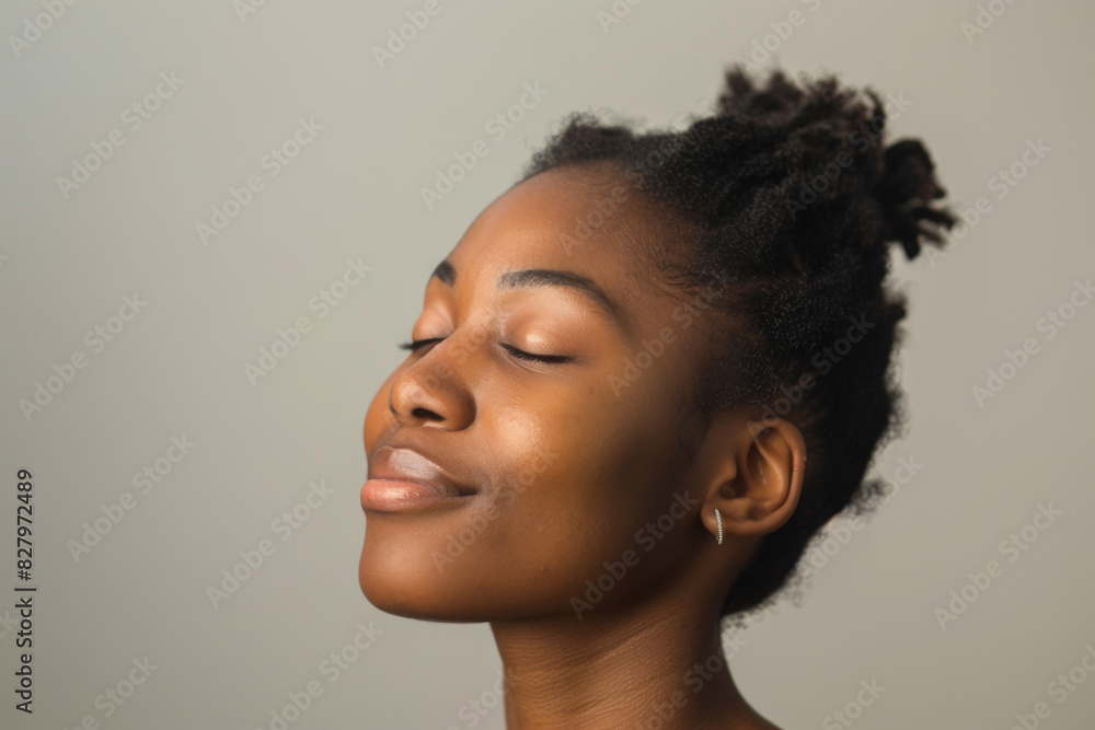 A close up of a black woman's face with her eyes closed looking to a side A close up of a black woman's face with her eyes closed looking to a side