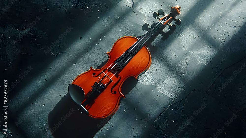 Fototapeta premium Artistic shot of a violin resting on a dark surface, with light highlighting the strings and casting shadows.