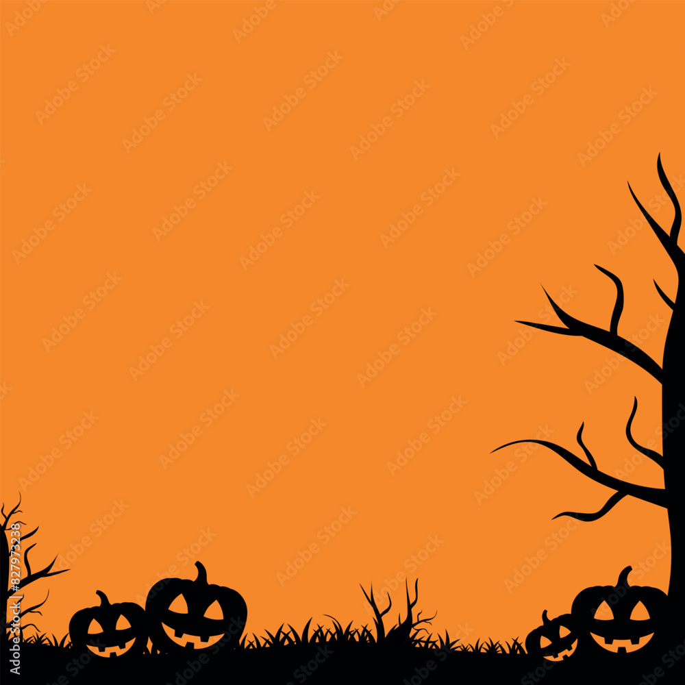 Halloween background, black silhouette of pumpkins and spooky trees, panoramic vector illustration, bottom wall decoration, black and orange Halloween background, black silhouette of pumpkins and spooky trees, panoramic vector illustration, bottom wall decoration, black and orange