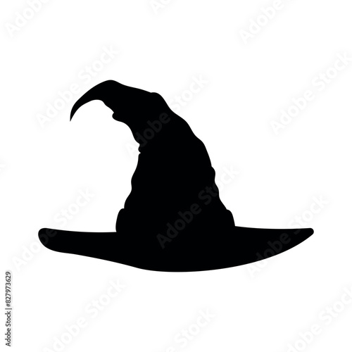 witch hat silhouette isolated on white background, traditional Halloween vector decorative element, black magic crumpled hat