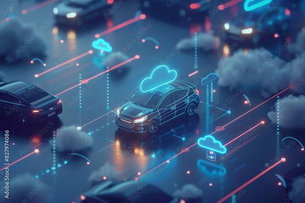 © Leo Rohmann - Autonomous cars with neon digital interfaces, highlighting advanced technology, connectivity, and smart transportation in a futuristic cyber setting