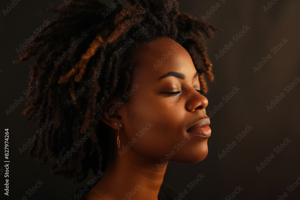 A close up of a black woman's face with her eyes closed looking to a side A close up of a black woman's face with her eyes closed looking to a side