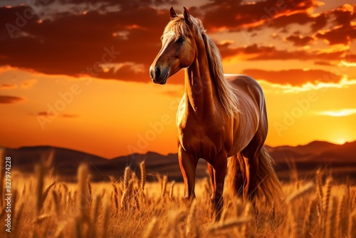 Majestic horse in golden wheat field at sunset  radiant warm glow  perfect for websites