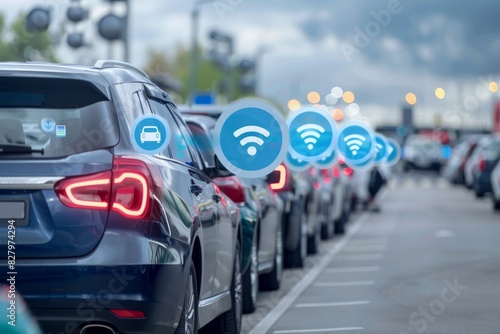 Autonomous cars with digital connectivity icons, highlighting advanced technology, smart transportation, and modern design in an urban environment