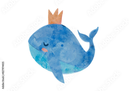 Cute blue whale. Isolated on white background. Underwater animal art. Watercolor illustration.
