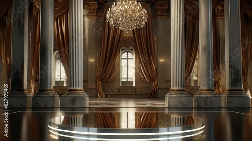 Elegant Mirrored Podium with Grand Chandelier in Luxurious European Mansion for High-End Car Advertisement