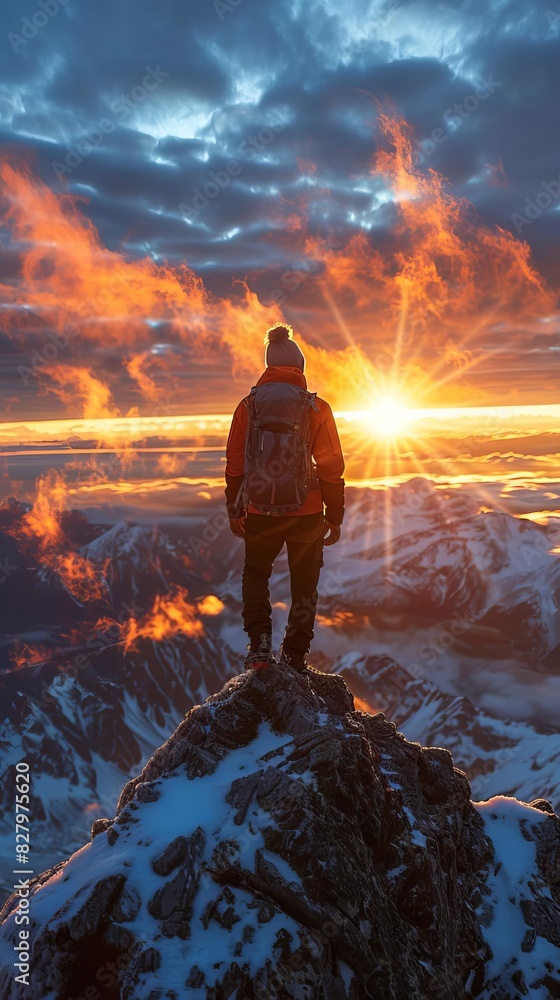 Hiker standing triumphantly at the summit of a majestic mountain, breathtaking panoramic views of the surrounding landscape, sunrise casting golden light Hiker standing triumphantly at the summit of a majestic mountain, breathtaking panoramic views of the surrounding landscape, sunrise casting golden light