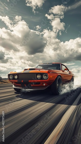 Iconic muscle car from the 1970s, roaring down an open highway, dust trailing...