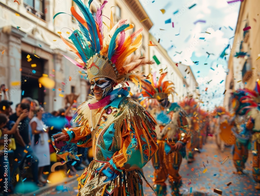 Fototapeta premium Lively carnival parade with colorful floats and performers in elaborate costumes, vibrant confetti filling the air, and enthusiastic crowds lining the streets