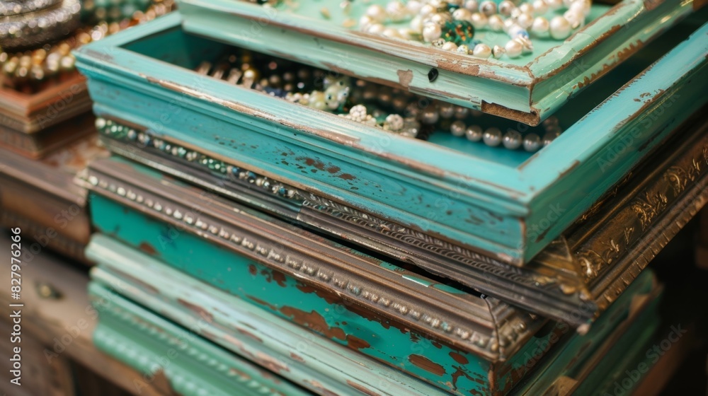 A stack of old picture frames now repainted and repurposed as jewelry organizers. A stack of old picture frames now repainted and repurposed as jewelry organizers.